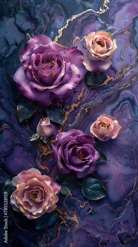 Vibrant violet marble with gold and white veins, adorned with clusters of pink roses. Vertically oriented. 