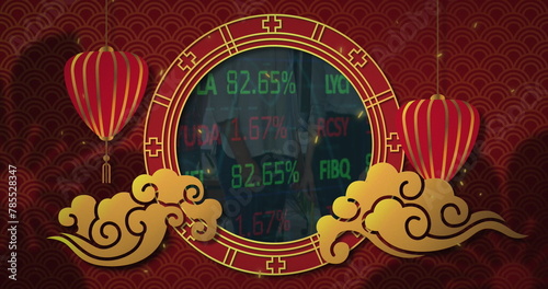 Image of round frame with oriental lanterns over data processing