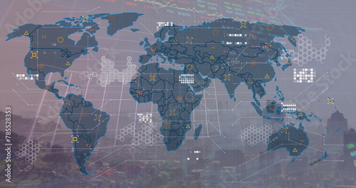 Image of financial data processing and world map over cityscape