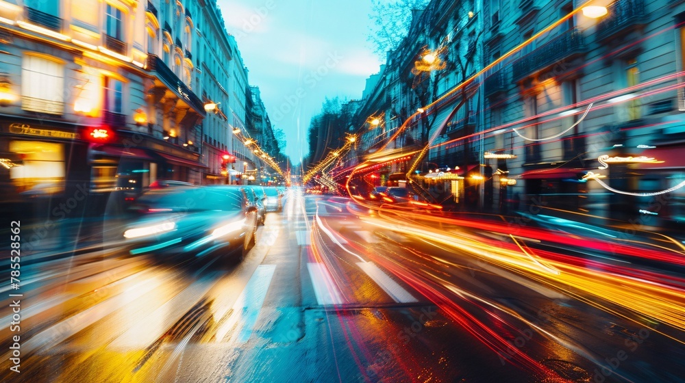 Blurred view of Parisian cityscape with motion blur effect on vibrant streets 03