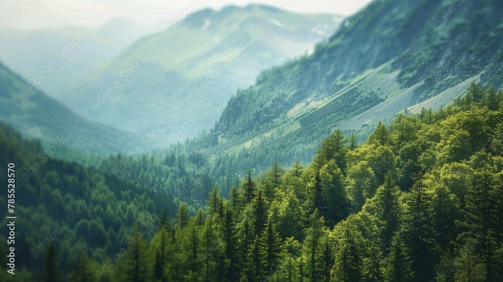 Blurred sight of a mountainous terrain, showcasing steep slopes and lush forests without any signs of civilization