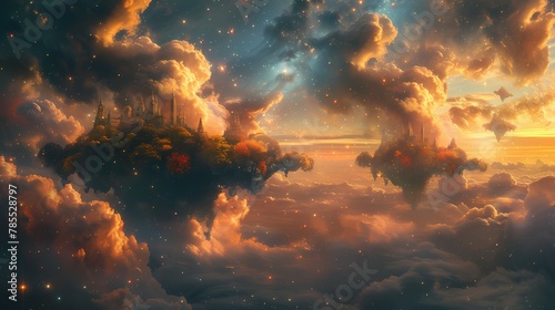 A surreal dreamscape of floating islands adorned with vibrant flora, under a sky filled with swirling galaxies