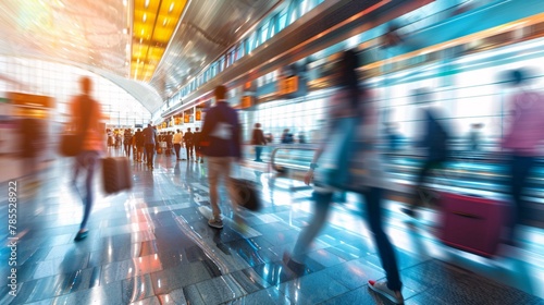 Blurred motion effect portraying the dynamic movement of travelers in an airport 01