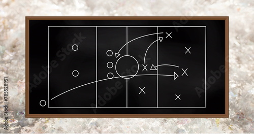 Image of game plan on black board over grey background