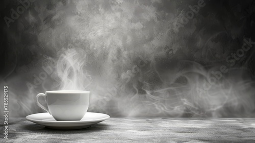   A steaming cup of coffee on a saucer against a dark backdrop