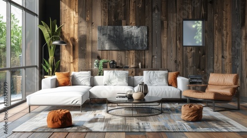 Modern interior of open space with design modular Neutral living room.sofa, furniture, wooden coffee tables, plaid, pillows, tropical plants and elegant personal accessories in stylish home decor. photo