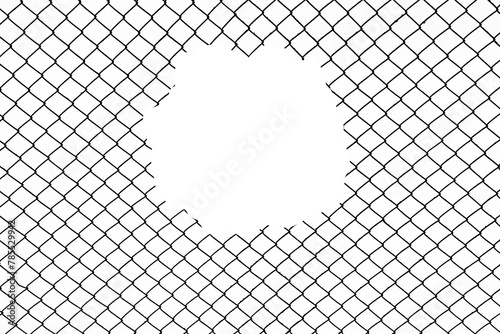 Opening in metallic fence against a blue sky with white clouds. Challenge. uncertainty. breakthrough concept. metaphor. Chain-link, wire netting, wire-mesh, cyclone hurricane fence.