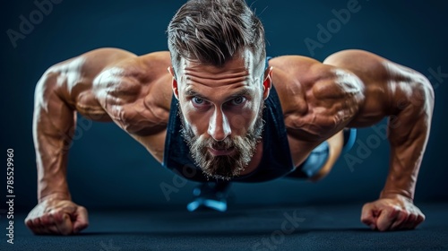 Strong european man displays determination in fitness poses against studio backdrop