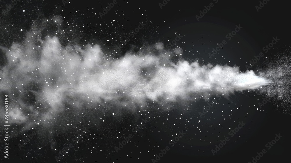 Fototapeta premium Spray of dust water on transparent background. Air mist smoke effect isolated on white background. 3D powder particle splash. Airy cloud perfume fragrance steam. Gun shoot explosion.
