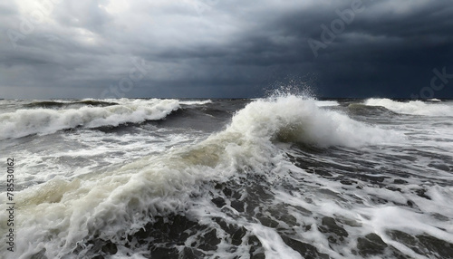 Fototapeta Naklejka Na Ścianę i Meble -  Close-up view of turbulent big wave in a stormy sea under a cloudy sky.