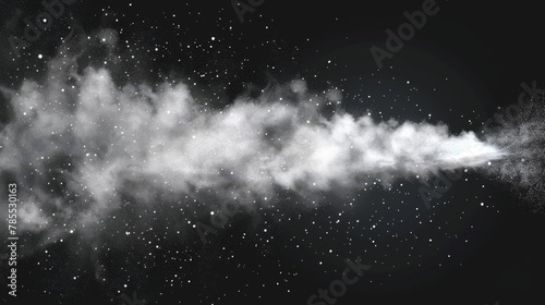 Spray of dust water on transparent background. Air mist smoke effect isolated on white background. 3D powder particle splash. Airy cloud perfume fragrance steam. Gun shoot explosion. photo