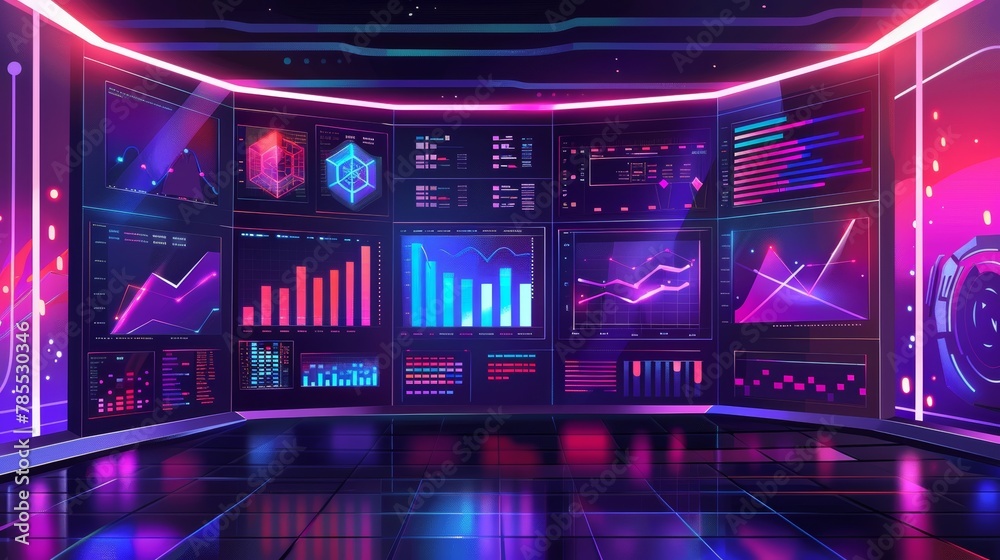 This is a modern illustration of a computer server room set with an analytical dashboard for digital data. An illustration of a blockchain and a network communication system concept.