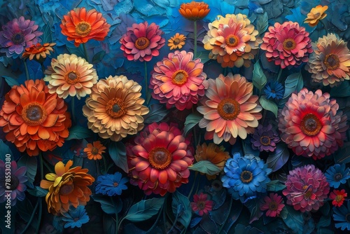 Vibrant colored flowers on blue background