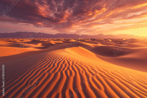 Majestic Sunrise Over Desert Sands  Golden Glow Landscape Scene  