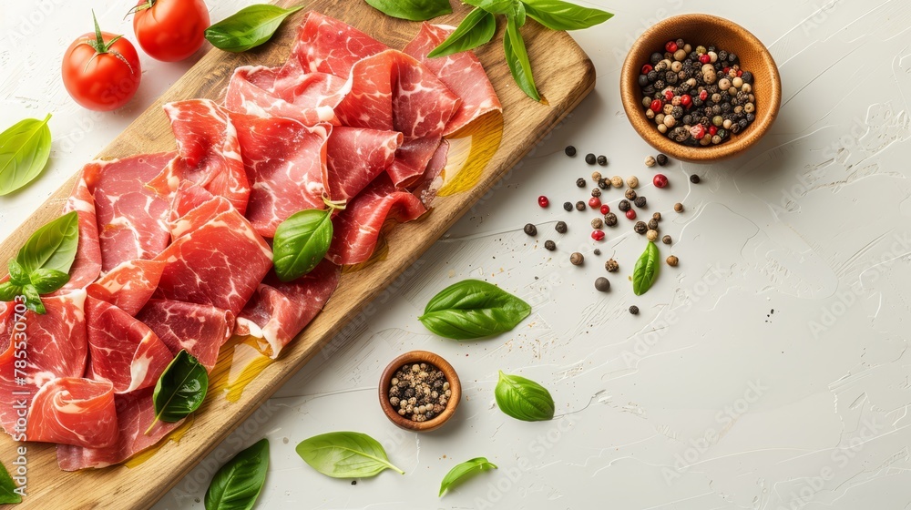 A wooden cutting board holds sliced meat, nearby sits a bowl filled with peppercorns A wooden cutting board holds sliced meat, nearby sits a bowl filled with peppercorns