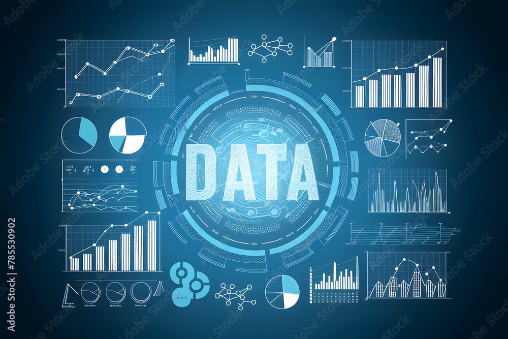 Obraz premium Digital business image with graphs and diagrams over blue background, representing data analysis and analytics