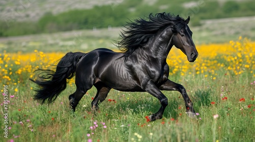 Black stallion galloping in yellow flower field