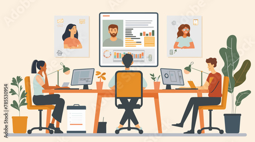 Remote work video conference call, business team meeting online, virtual collaboration using internet wireless technology, flat vector illustration design