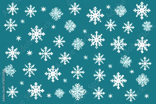 White snowflakes on a turquoise background, a flat vector illustration in the simple minimalist style of a cute cartoon design with simple shapes