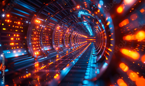 Futuristic data center connectivity hub concept with glowing network connections, server racks, and digital information traveling through a virtual tunnel in a modern, high tech environment
