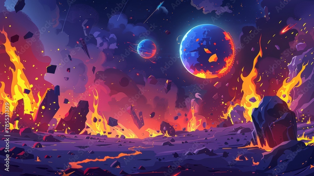 In this space background there are burning alien planets and hot stones flying in the night sky. It is based on a modern cartoon illustration of damaged cosmic bodies on fire, as well as rocky