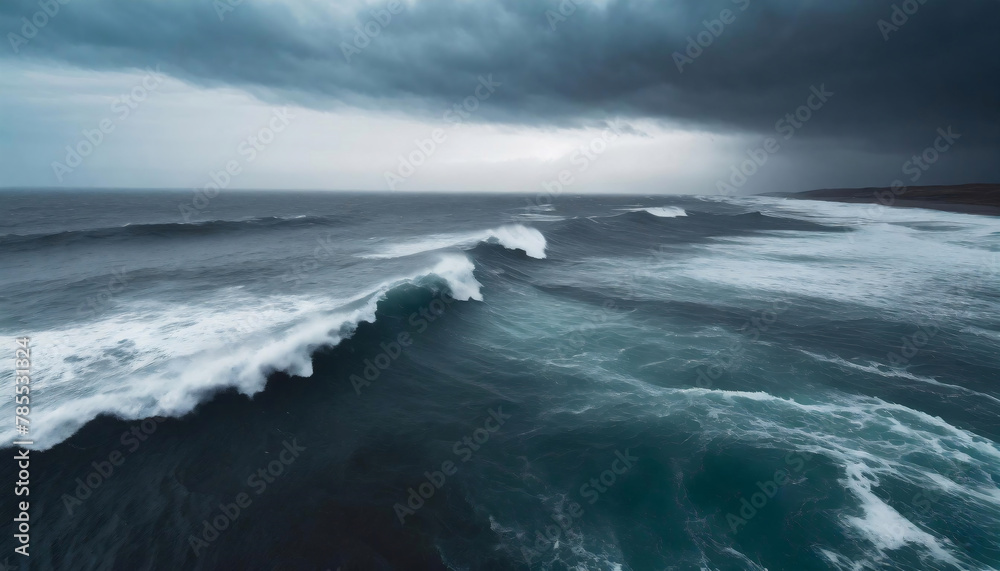Close-up view of turbulent big wave in a stormy sea under a cloudy sky.