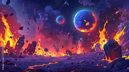 In this space background there are burning alien planets and hot stones flying in the night sky. It is based on a modern cartoon illustration of damaged cosmic bodies on fire, as well as rocky