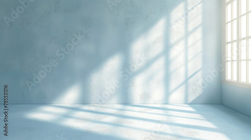 Minimal backdrop with sunlit empty room with soft pastel blue walls and floor, featuring long shadows from window frames. Copy space. Natural shadows and light. Background for product promotions