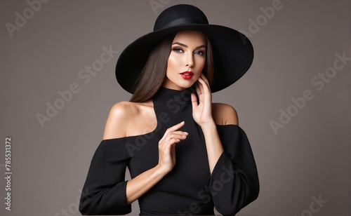 Fashion Model in Sexy Black Dress, Elegant Woman with Hat covered on a gey background