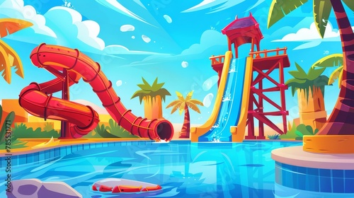 Water slides at an aqua park for family fun. Swimming pool with inflatable lifebuoys  plastic pipelines  and palm trees.