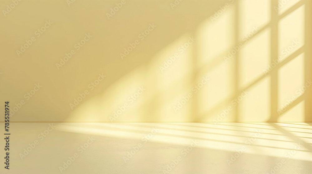 Minimal backdrop with sunlit empty room with soft yellow pastel walls and floor, featuring long shadows from window frames. Copy space. Natural shadows. Background for product promotions Minimal backdrop with sunlit empty room with soft yellow pastel walls and floor, featuring long shadows from window frames. Copy space. Natural shadows. Background for product promotions