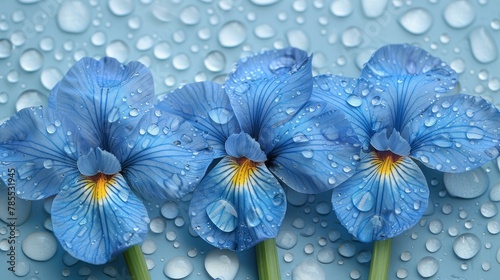  Three blue flowers with water drops on a blue surface; petals and stems bearing water drops