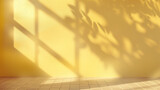 sunlit empty room with soft yellow walls and white floor, featuring long shadows from window frames. Copy space. Generative AI