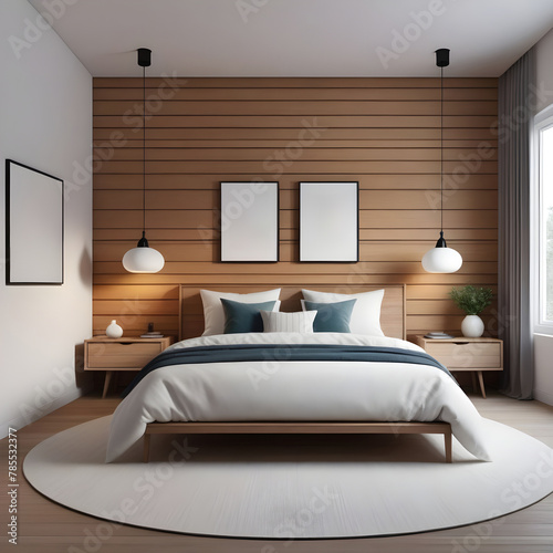 Interior mock-up  cozy contemporary bedroom  Scandinavian style  3d render