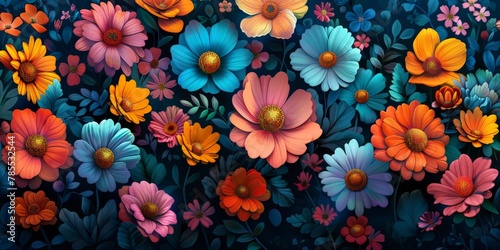 Colorful flowers on blue background