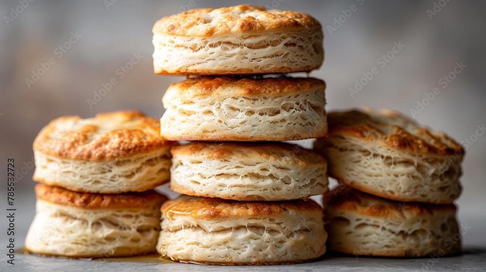   A stack of biscuits on a gray surface, background softly blurred