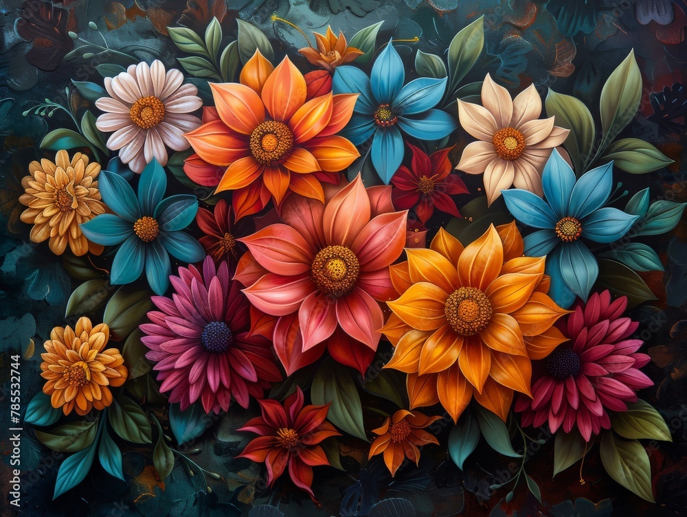 Vibrant flowers painting on black background Vibrant flowers painting on black background