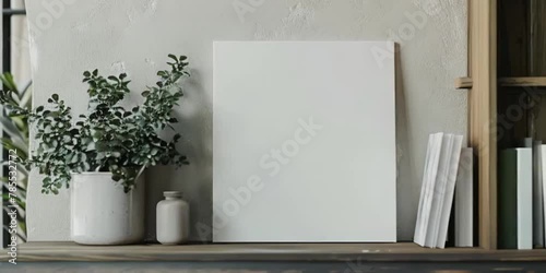 Video mockup of black canvas or picture frame for small poster in shelf in white minimalistic interior. With cold day light photo