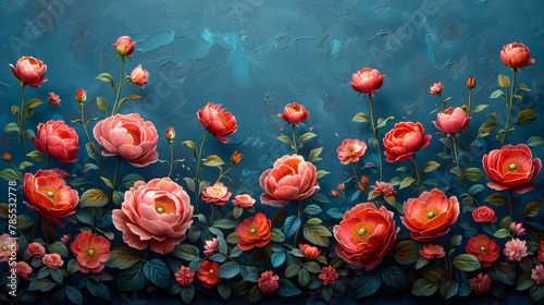   A painting of red flowers in a bunch against a blue backdrop  bottom region features leaves and flowers © Nadia