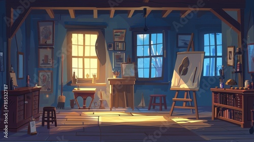 A night art studio with easel in the interior paint set. An artist's workshop class isolated on a background of furniture. Cartoon design of a school classroom with sculpture, frames and books.
