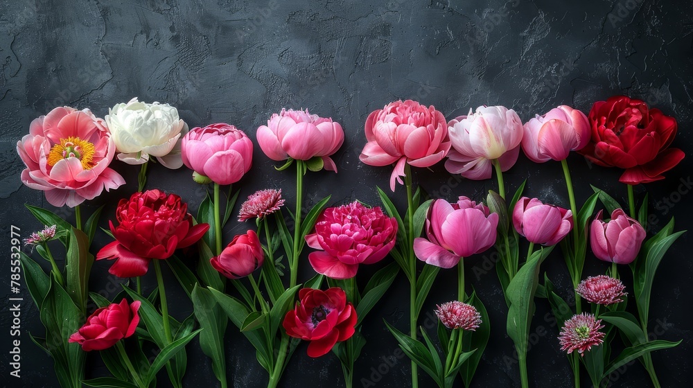 Pink and white tulips against a black backdrop; stems in green, blooms in pink and white Pink and white tulips against a black backdrop; stems in green, blooms in pink and white