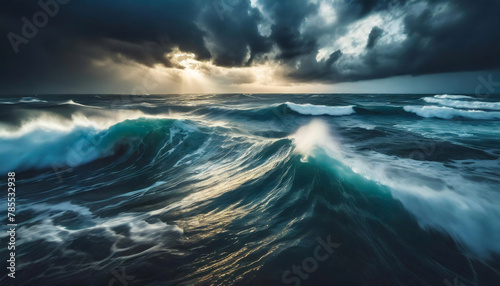 Big, foamy waves in a stormy sea under a dark sky with some sunlight