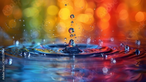  A macro shot of a vibrant, multi-colored backdrop with a solitary water droplet in sharp focus