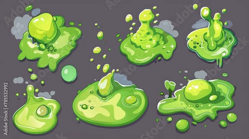 Molecular poison spill illustration with mist set. Isometric molten poison spill drip shape with steam texture. Green phlegm droplet on surface with steam texture. photo