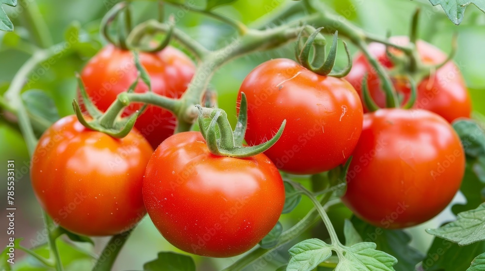 Organic tomato branch with fresh, ripe tomatoes thriving in a greenhouse environment