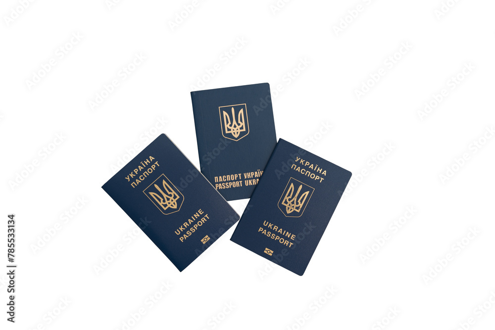 Three foreign passports of Ukraine on a white background. Three passports of Ukrainian citizens or migrants for visa-free travel to the European Union isolated on white background. Three foreign passports of Ukraine on a white background. Three passports of Ukrainian citizens or migrants for visa-free travel to the European Union isolated on white background.
