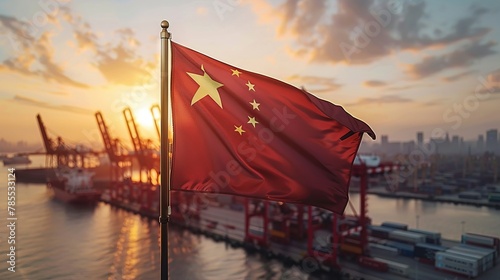 China's flag over a bustling port with gleaming dusk light