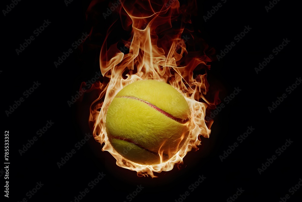 Fiery tennis ball on black background tennis ball on fire photo, representing intensity and passion in sports