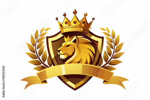 Enhanced version Majestic gold crown adorned with laurel wreath, accompanied by a regal trumpet, noble lion, and elegant ribbon. This 3D vector icon set embodies royalty and grandeur