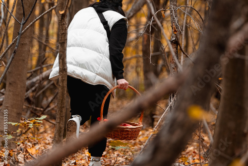 woman in autumn forest looking for mushrooms